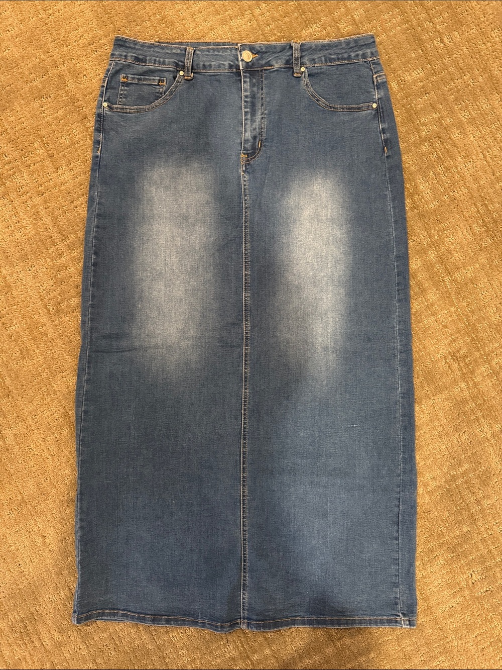 Wax Jean Straight Denim Midi Skirt in Faded Blue